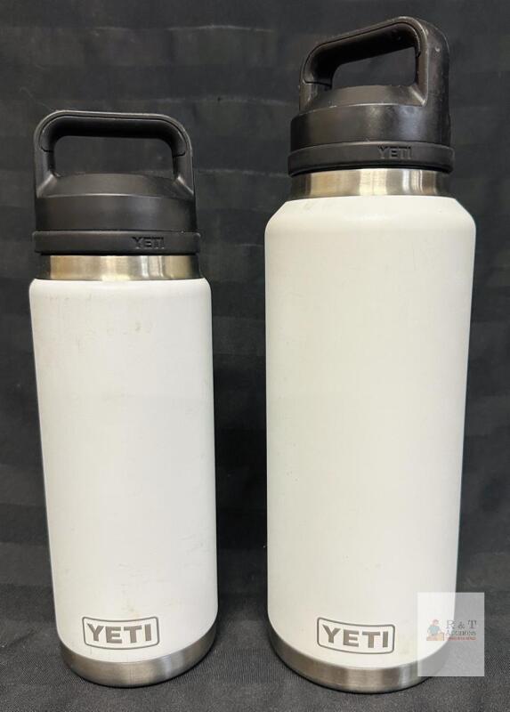 YETI Rambler 26oz & 46oz White Bottles, Stainless Steel, Chug Cap, Double-Wall Insulated minor scuffs from previous use.