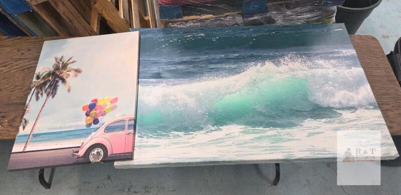 Large Framed Canvas Art Prints &ndash; Beach Car & Balloons (24x32), Ocean Wave Scene (32x48)