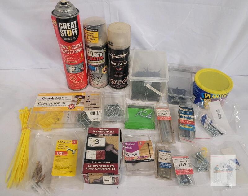 Mixed Hardware Supply Lot: Spray Cans, Fasteners, Anchors, Zip Ties, Stanley, Varathane, Tapcon