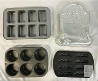 Wilton 'Over The Hill' Tombstone Cake Pan, Wilton Bone Pan & Baker's Secret Muffin, Loaf Pans Set