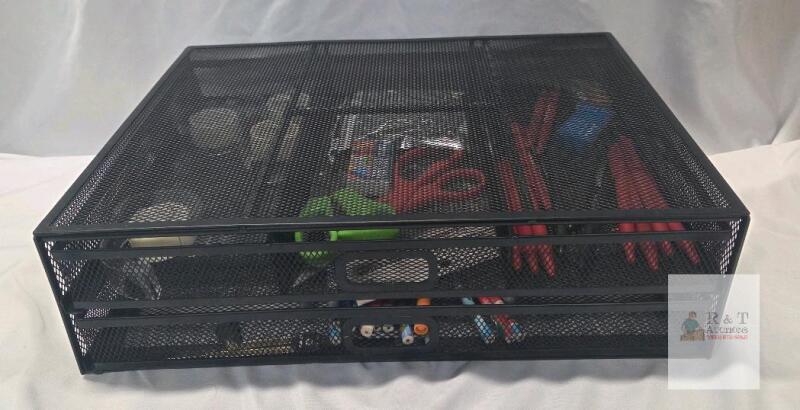 2-Tier Mesh Black Desk Organizer with Scissors, Pens, Tape Rolls, Rubber Bands, Pencils & Supplies