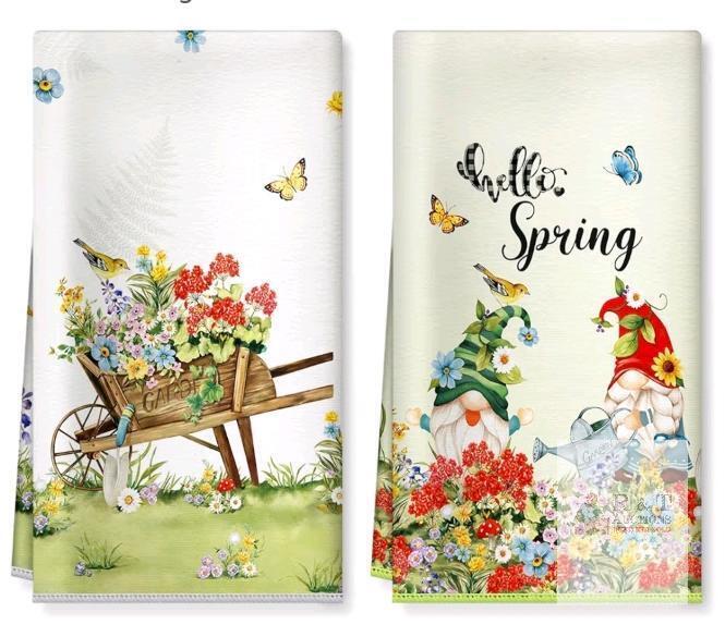 2 NEW Arquiel Spring Gnome Kitchen Towel Set, 2 Pc, Microfiber, 15.8"x23.6", Colorful Decorative