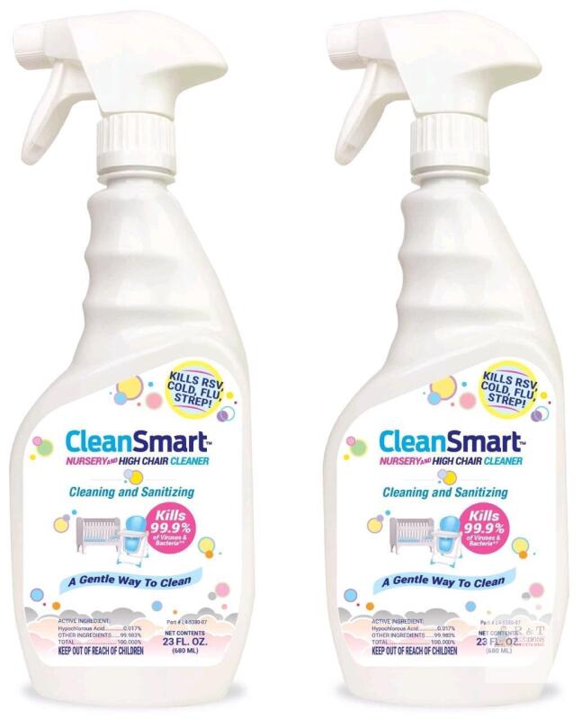 NEW CleanSmart Nursery and High Chair Cleaner 23 fl.oz (2 Pack), 0.017% Hypochlorous Acid, Sanitizing Spray