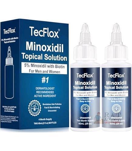 NEW TecFlox Minoxidil 5% with Biotin Hair Regrowth Solution, Unscented, 4-Month Supply (2x60mL Bottles)