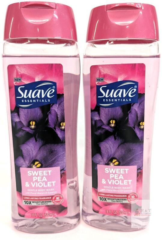 2 NEW Suave Essentials Sweet Pea & Violet Body Wash, 18 fl oz Bottles, 2-Pack, 10x Moisturizers