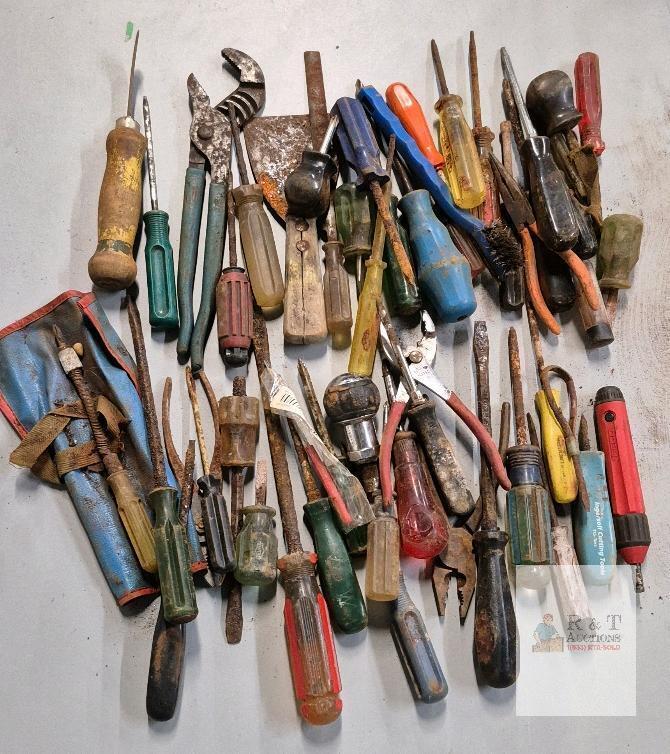 Large Vintage Hand Tool Lot - Screwdrivers, Pliers, Tool Roll, Sears Craftsman, Royal Crown