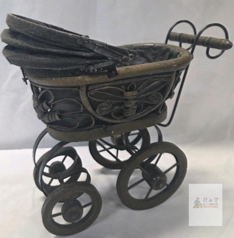 Vintage Doll Carriage Pram, Wood & Wrought Iron, Ornate Scrollwork, 10.5&rdquo; Tall, Folding Canopy