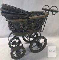 Vintage Doll Carriage Pram, Wood & Wrought Iron, Ornate Scrollwork, 10.5&rdquo; Tall, Folding Canopy