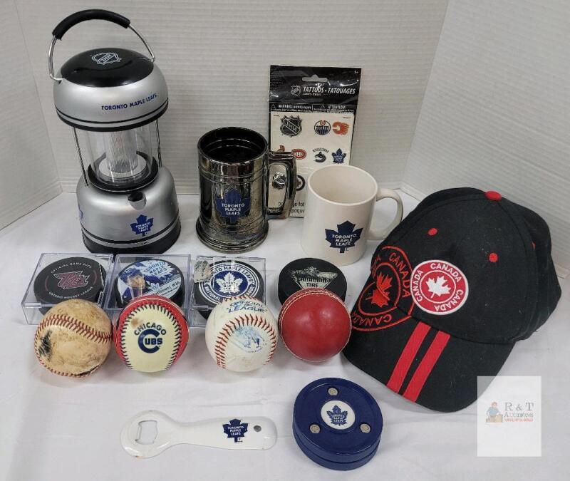 Toronto Maple Leafs & Team Canada Sports Collectibles Lot, Lantern, Pucks, Cap, Mug