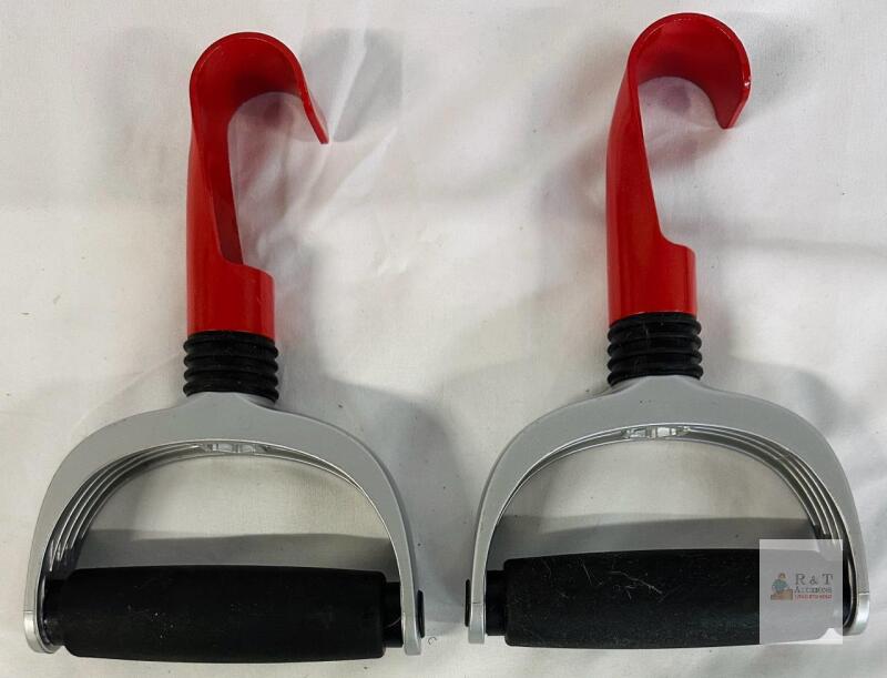 Pair of 5" Ergonomic Safety Stirrups with Flex Joint and Quick-Release Arm, Silver/Red