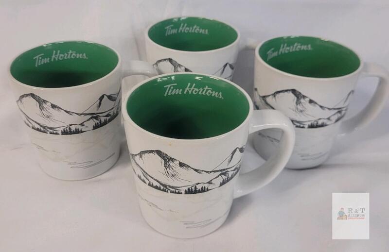 Tim Hortons 2018 Mountain Scene Ceramic Mugs Set, 14 oz, Green Interior, Lot of 4