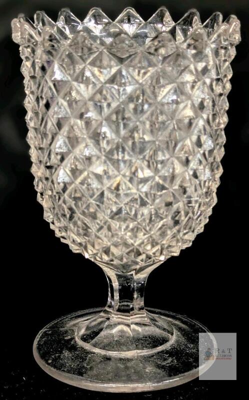 Indiana Glass Diamond Point Clear Pressed Glass Goblet Compote, 6.5" Tall, Scalloped Rim