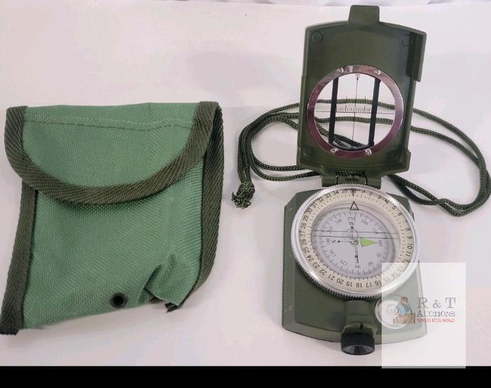 Military Lensatic Compass with Degrees/Mils, Level Bubble, Pouch, 3.2" Size, Olive Drab