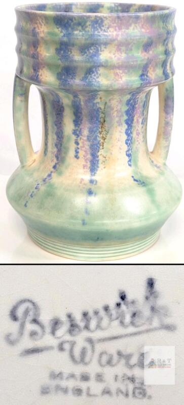 Beswick Ware Art Pottery Vase, 9.5" Tall, Drip Glaze, England, Two Handles, ca. 1930s&ndash;1950s