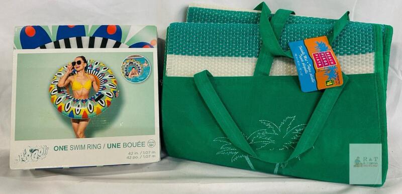 Bestway 42" Flirty Fiesta Inflatable Swim Ring & Beach Place 70"x35" Foldable Beach Mat Set