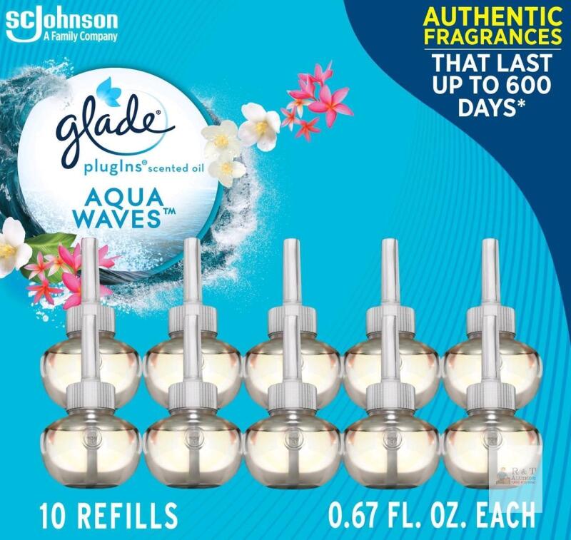 NEW Glade PlugIns Scented Oil Refills Aqua Waves 10 Pack, 0.67 fl oz Each, Fits Glade Warmers