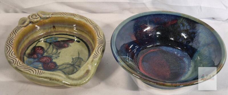 Handmade Pottery Bowl & Decorative Dish Set, Signed "Micah", Multicolor Glaze, Berry Motif, 6.75"