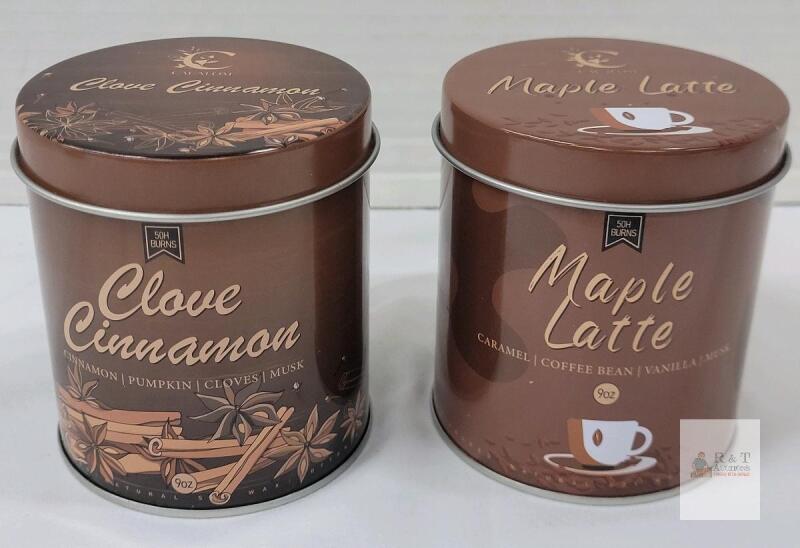 NEW Cacalom Scented Candles 9oz Tin (2-pack) &ndash; Clove Cinnamon & Maple Latte, 50hr Burn, Soy Wax
