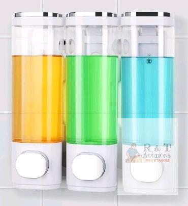 NEW Triple Chamber Wall-Mounted Soap Dispenser, 300ml x 3, Push Button, 21.5cm x 21cm, Clear/White