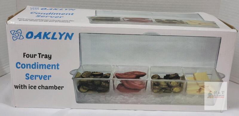NEW Oaklyn 4 Tray Condiment Server with Ice Chamber, Removable BPA-Free Trays, Hinged Lid, 16"x6"x5"