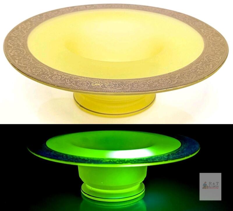 Cambridge Style Satin Yellow Uranium Glass Pedestal Bowl, 10.5" Gold Encrusted Floral Rim
