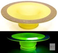 Cambridge Style Satin Yellow Uranium Glass Pedestal Bowl, 10.5" Gold Encrusted Floral Rim