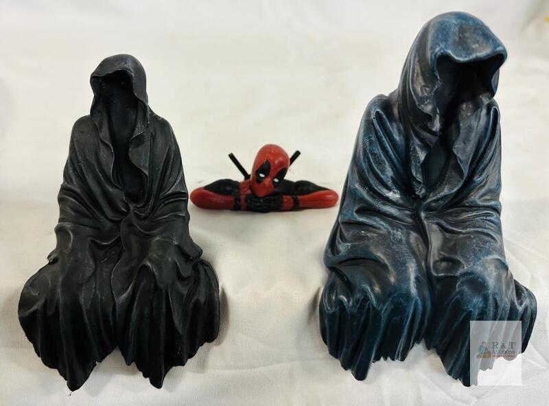 Deadpool Bust & Pair of 5.5" Grim Reaper Statues, Resin Figurines, Marvel Comic Mini Figure Set