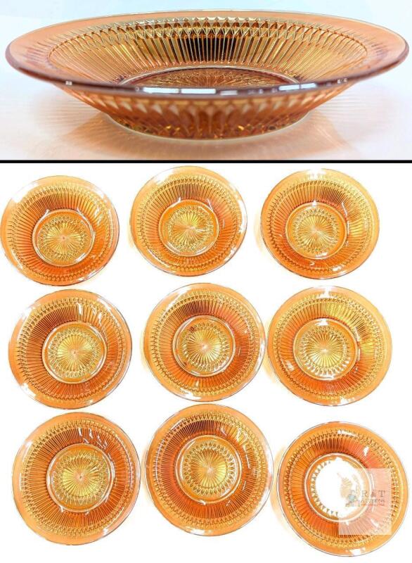 Vintage Carnival Glass Salad Plates/Bowls, 8.5" Diameter, Set of 9, Ribbed Starburst Pattern