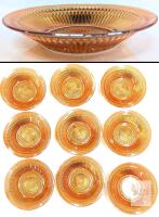 Vintage Carnival Glass Salad Plates/Bowls, 8.5" Diameter, Set of 9, Ribbed Starburst Pattern