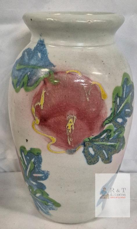 Hand-Painted Studio Pottery Vase, Artist Signed, 10.5" Tall, Colorful Floral Motif, Flared Rim