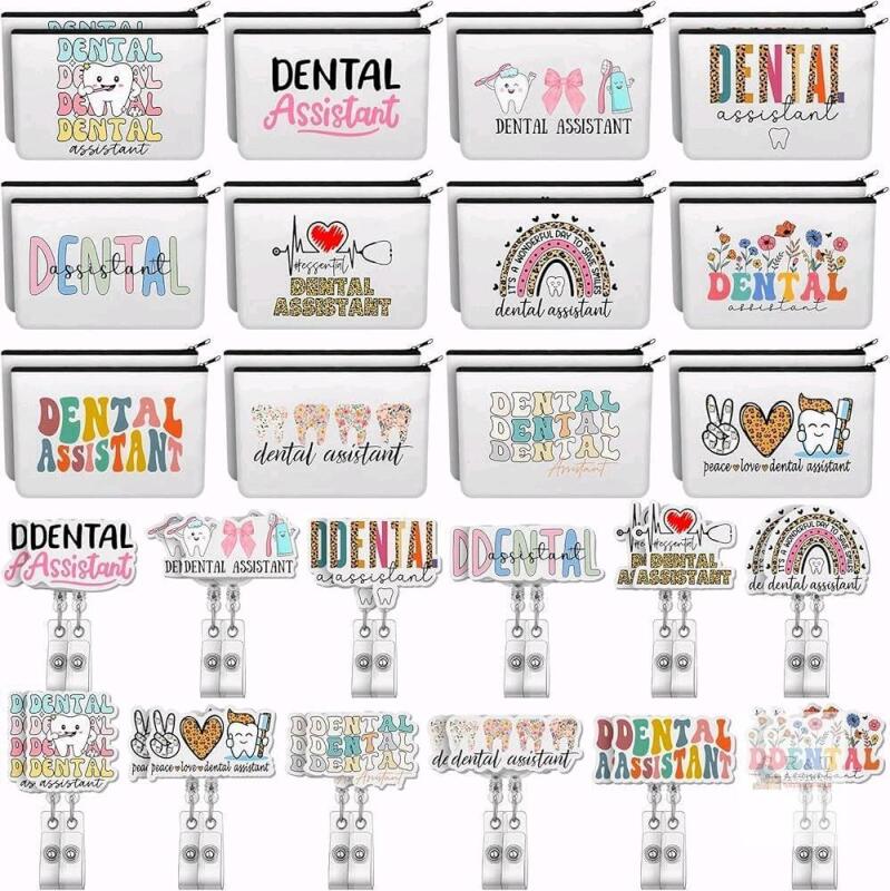New 24 Set Dental Assistants Gifts Bulk Dental Hygiene Makeup Bags Teeth Retractable Badge Reels for Nurse Doctor Dentist Hygienist Appreciation Gifts Hospital Office Supplies