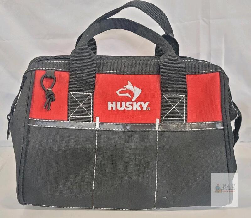 Husky 12 in Soft Tool Bag, Black/Red, Reinforced Handles, 3 Exterior Pockets, Zipper Closure