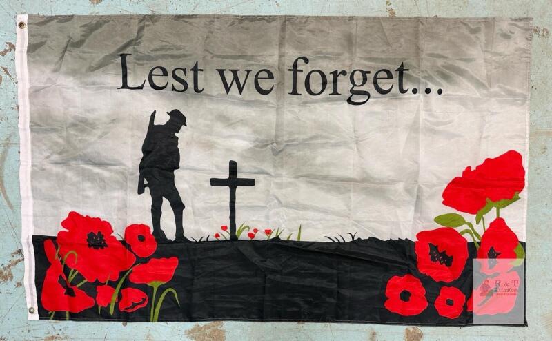 Remembrance Day "Lest We Forget" Flag, 5x3 ft, Polyester, Grommets, Soldier & Poppy Design
