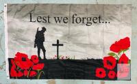 Remembrance Day "Lest We Forget" Flag, 5x3 ft, Polyester, Grommets, Soldier & Poppy Design