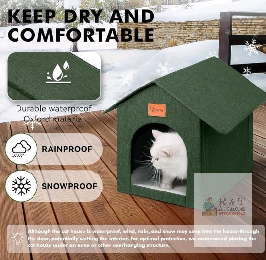Green Waterproof Outdoor Cat House, Oxford Fabric, 17"x13"x16.5", Floor Mat, &le;18 lbs, Serial X003XUZ4ZL