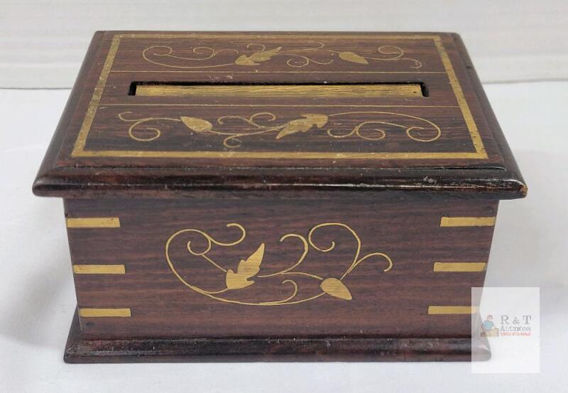 mechanical cigarette box, mid century with brass accents in rose wood, 5.25" x 3.25", Slot Box, Leaf Pattern,