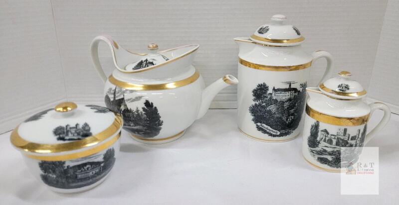 Vintage Porcelain Tea & Coffee Set, Gold Trim, Scenic Castle Designs, 8 Pieces Europe Style