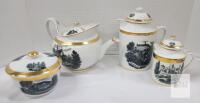 Vintage Porcelain Tea & Coffee Set, Gold Trim, Scenic Castle Designs, 8 Pieces Europe Style