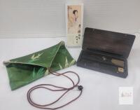 Decorative Asian Hinged Wood Incense Burner Set with Abalone Inlay, Silk Pouch & Incense Sticks