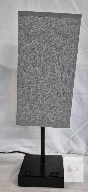 Table Lamp with Gray Rectangular Shade and Dual Built-in Power Outlets, 20 Inch Height