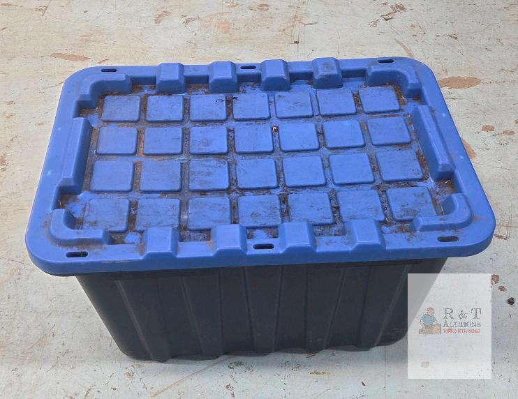 Heavy-Duty 27-Gallon Storage Tote, Black/Blue, HDPE, Snap-On Lid, Stackable, 30"x20"x15" Used, surface dirt present, structurally sound
