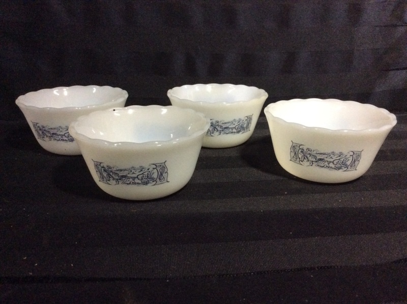 Set of 4 Vintage FireKing Custard Dishes Blue Sleigh Ride