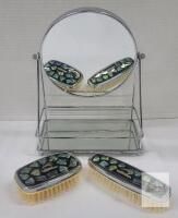Vanity Set with Abalone Inlay Brushes & 7.5" Tilting Mirror, Chrome Stand, Mirrored Tray