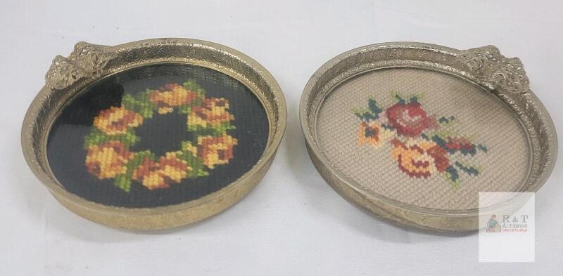 Pair of Vintage Silver-Plated Footed Vanity Trays with Floral Needlepoint, 6.5" Round