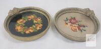 Pair of Vintage Silver-Plated Footed Vanity Trays with Floral Needlepoint, 6.5" Round