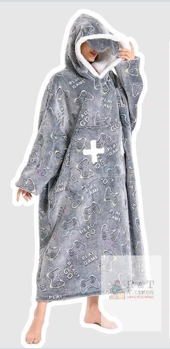 NEW OLAOLA Oversized Sherpa Wearable Blanket Hoodie, Game Controller Print, Adult Unisex, Eye Mask