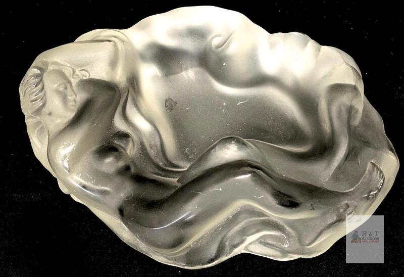 Art Deco Frosted Glass Reclining Nude Woman Figural Bowl, 11" x 7", Molded Decorative Dish