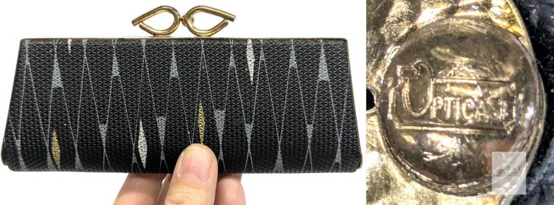 Opticase Vintage Mid-Century Hard Glasses Case Black Geometric Pattern 6.5" Metal Frame