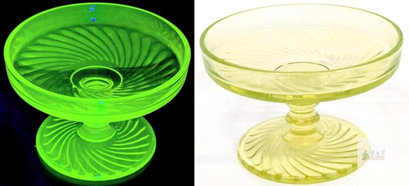 Uranium Glass Pedestal Compote Dish, Swirl Pattern, 6.25" Diameter, 4.5" Height, Depression Era
