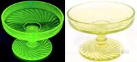 Uranium Glass Pedestal Compote Dish, Swirl Pattern, 6.25" Diameter, 4.5" Height, Depression Era